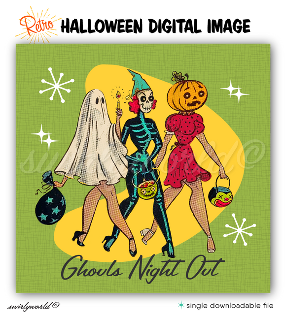 Celebrate Halloween with Swirly World's rare vintage design featuring three retro pinup girls in costume for a "Ghouls Night Out," set against a mid-century atomic backdrop with starbursts. Perfect for sharing on social media or adding retro flair to your Halloween projects!