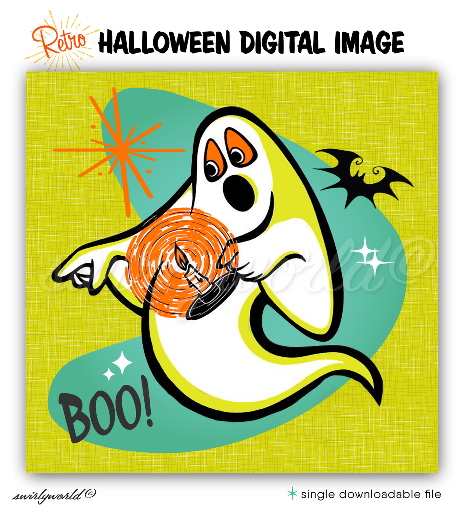 Celebrate Halloween with Swirly World's rare vintage design featuring a retro-style spooked ghost and the word "BOO!" against an atomic backdrop with starbursts. Perfect for social media or retro Halloween projects, this design adds mid-century charm to your spooky creations. Explore more vintage sets today!

