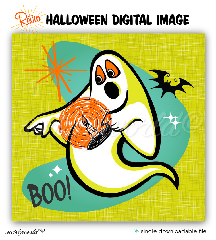 Celebrate Halloween with Swirly World's rare vintage design featuring a retro-style spooked ghost and the word "BOO!" against an atomic backdrop with starbursts. Perfect for social media or retro Halloween projects, this design adds mid-century charm to your spooky creations. Explore more vintage sets today!

