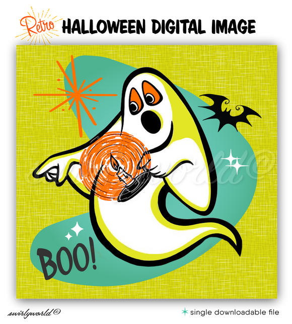 Celebrate Halloween with Swirly World's rare vintage design featuring a retro-style spooked ghost and the word "BOO!" against an atomic backdrop with starbursts. Perfect for social media or retro Halloween projects, this design adds mid-century charm to your spooky creations. Explore more vintage sets today!

