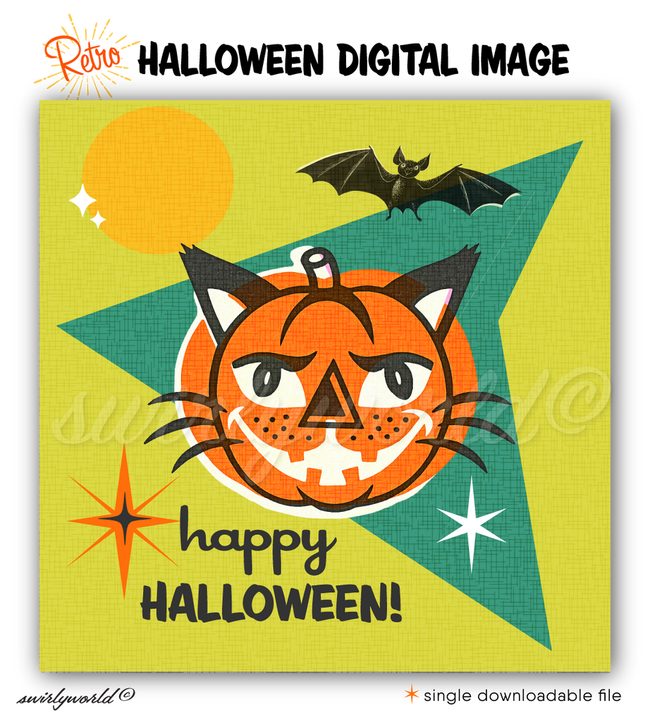 Vintage Kitty Cat Jack-o'-Lantern Halloween Image with Atomic Mid-Century Design