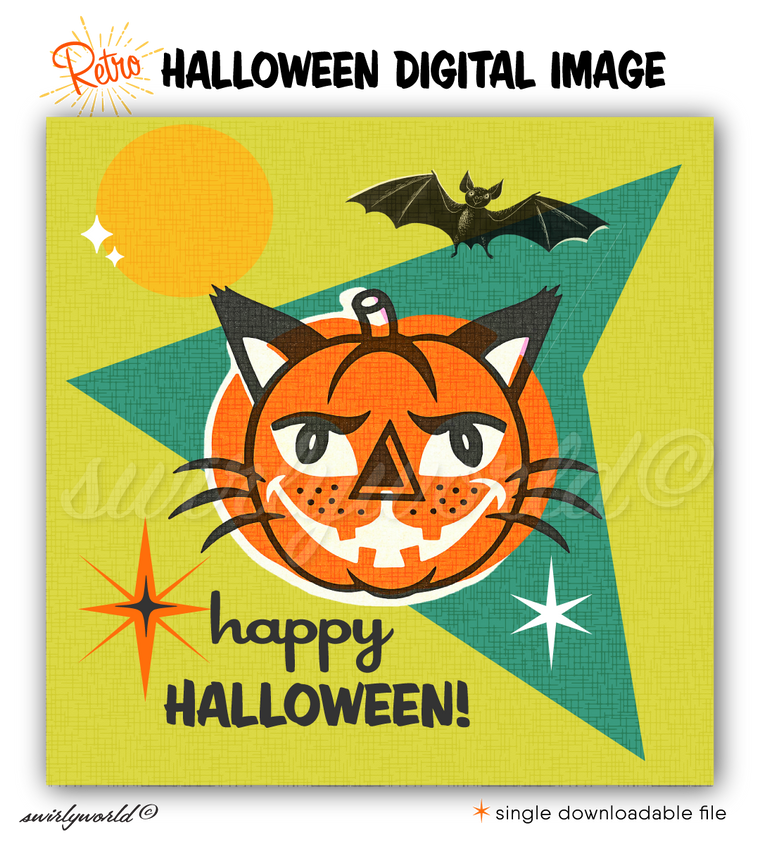 Vintage Kitty Cat Jack-o'-Lantern Halloween Image with Atomic Mid-Century Design