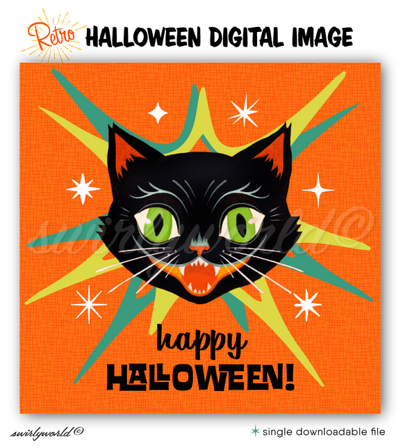 Vintage Black Kitty Cat Atomic Retro Mid-Century Modern Halloween Image for Social Media