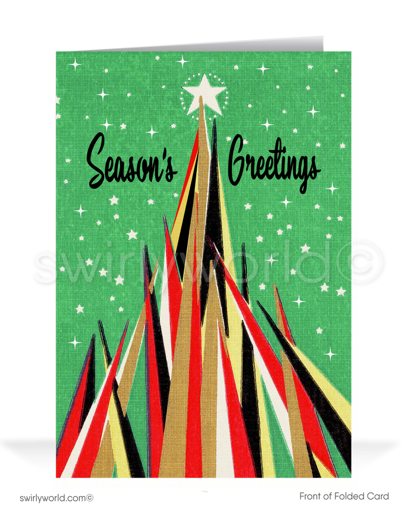 Take a step back in time with our exclusive vintage holiday greeting card, bringing all the warmth and nostalgia of a bygone era. This unique card&nbsp; features an iconic 1960s mid-century mod abstract geometric Christmas tree with retro atomic starbursts and the message "Season's Greeting." Personalize with your wording on the front.