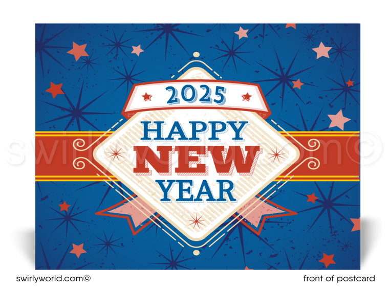 Send bold New Year wishes! Our exclusive Happy New Year Postcards feature patriotic red, white, and blue design with starbursts, bold typography, and customizable backs.