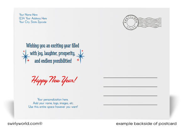 Send bold New Year wishes! Our exclusive Happy New Year Postcards feature patriotic red, white, and blue design with starbursts, bold typography, and customizable backs.