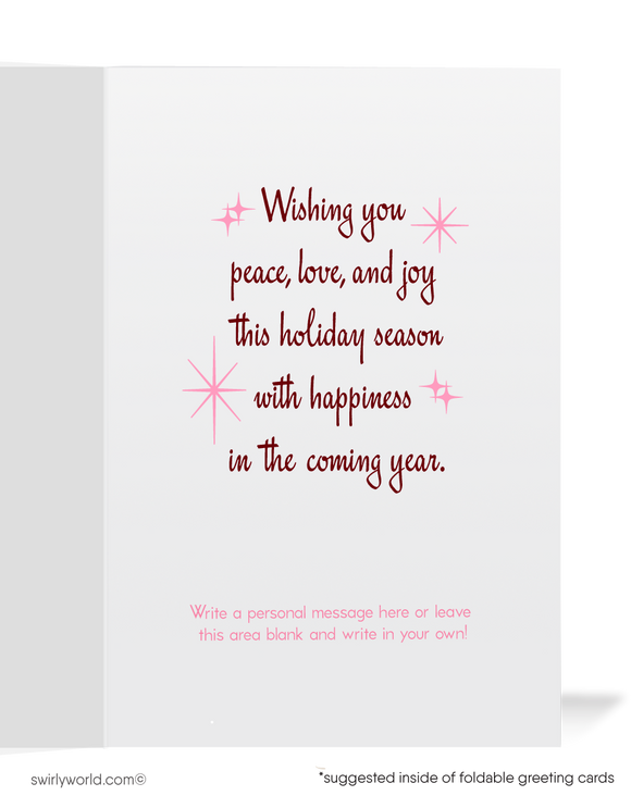 Step back in time with our exclusive vintage mid-century modern holiday greeting cards, filled with the charm of a cherished era. This unique design showcases a trio of whimsical ballet dancers wearing snowflakes as tutus with atomic starbursts in powder pink. The words "Season's Greetings" is elegantly placed above, adding a graceful touch. Personalize this design with your custom wording.
