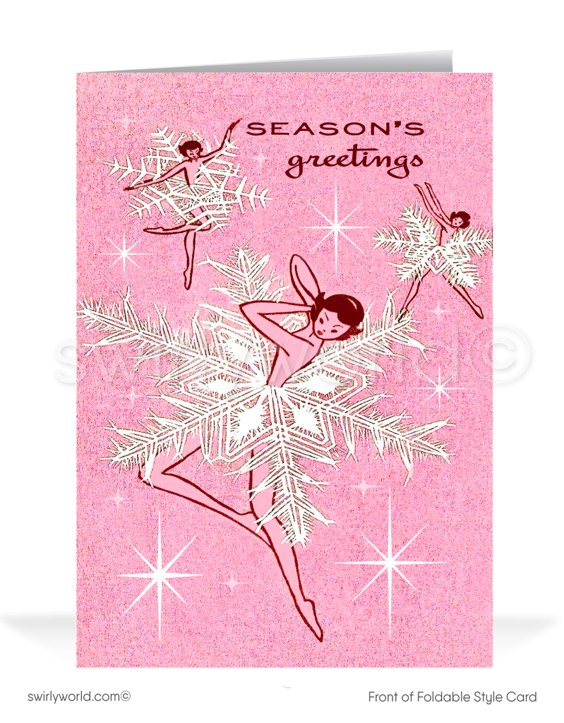 Step back in time with our exclusive vintage mid-century modern holiday greeting cards, filled with the charm of a cherished era. This unique design showcases a trio of whimsical ballet dancers wearing snowflakes as tutus with atomic starbursts in powder pink. The words "Season's Greetings" is elegantly placed above, adding a graceful touch. Personalize this design with your custom wording.
