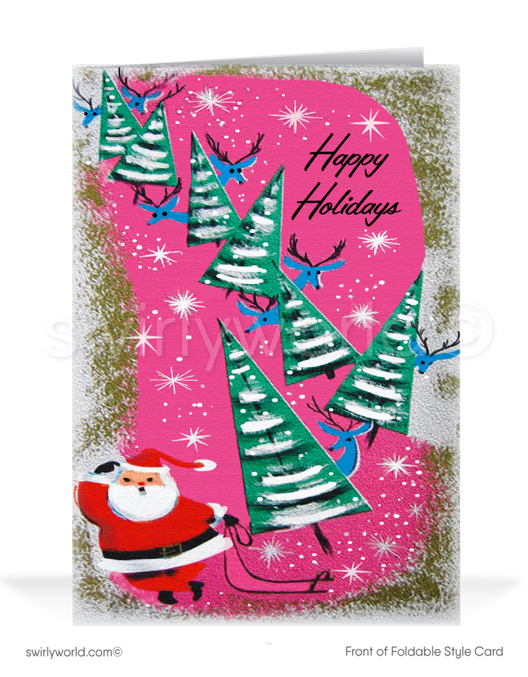 Relive the 1950s with a vintage Christmas card featuring Santa and reindeer among abstract trees, starbursts, and a pink mid-century modern atomic design!