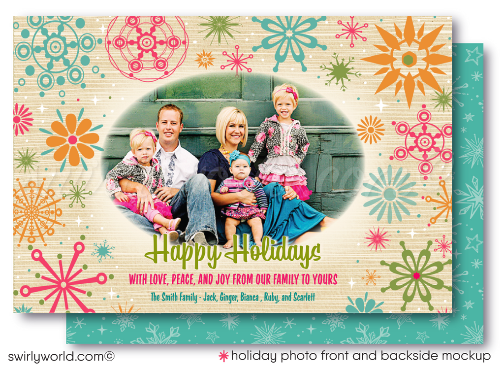 1950s Atomic Snowflake Holiday Photo Card - Retro Mid-Century Modern Christmas Card - Editable Template