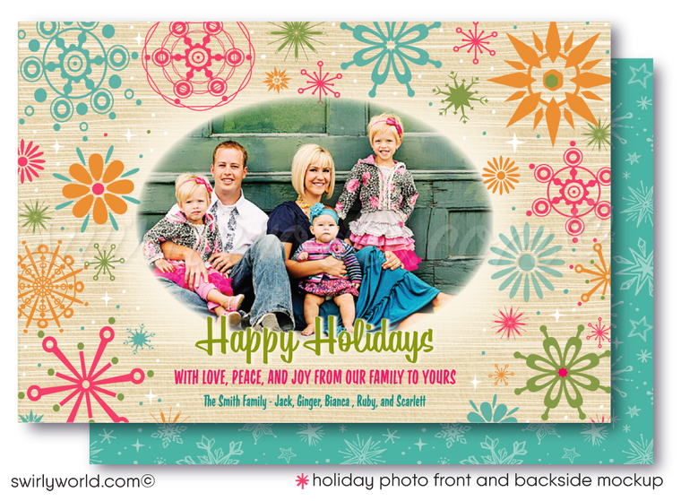 1950s Atomic Snowflake Holiday Photo Card - Retro Mid-Century Modern Christmas Card - Editable Template