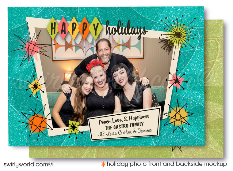 Mid-Century Modern Holiday Photo Card - 1950s Atomic Starburst & Boomerang Design - Customizable Template