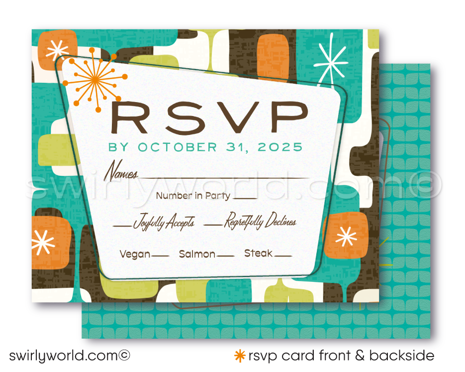 Retro Atomic Mid-Century Modern Wedding Invitation and RSVP Card Digital Download