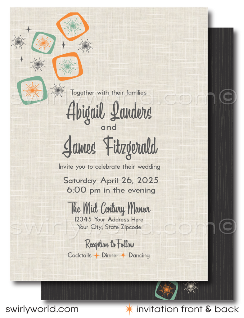 Dive into the charm of yesteryears with our "Mad Men" inspired Atomic Mid-Century Modern Wedding Invitation Set, meticulously crafted for couples who revel in the classic MCM design. This digital set captures the polished essence of the 1950s-1960s mid-century era, blending a sleek Palm Springs aesthetic with bold atomic-style starburst patterns and amoeba shapes in a vibrant palette of orange, aqua, charcoal gray, and tan.