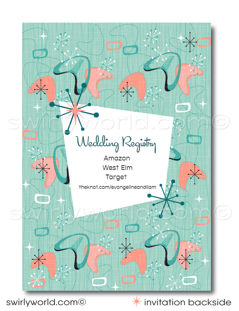 Atomic Powder Pink and Blue Mid-Century Modern Starbursts Printed Wedding Invitation Set