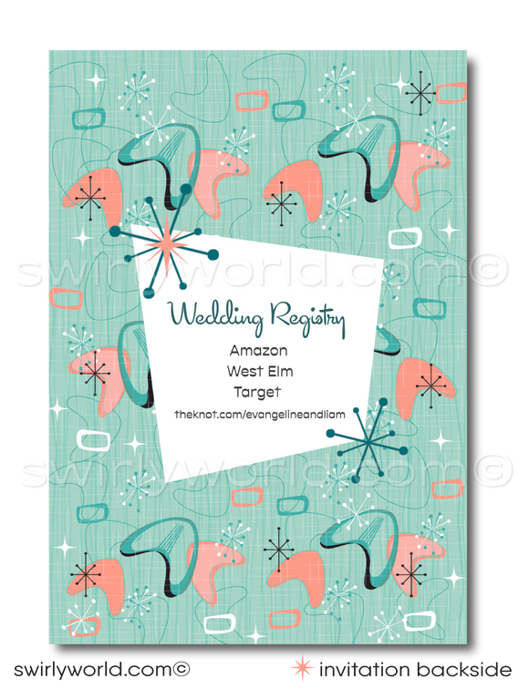 Immerse yourselves in the elegance of the past with our Atomic Powder Pink and Blue Wedding Invitation Set, crafted specifically for couples who adore the classic Mad Men style. This digital download embodies the refined allure of the 1950s-1960s mid-century modern period, merging a chic Palm Springs aesthetic with striking atomic-style starburst motifs, amoeba shapes, and boomerangs in iconic midmod colors.