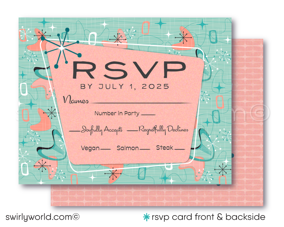 Atomic Powder Pink and Blue Mid-Century Modern Starbursts Printed Wedding Invitation Set