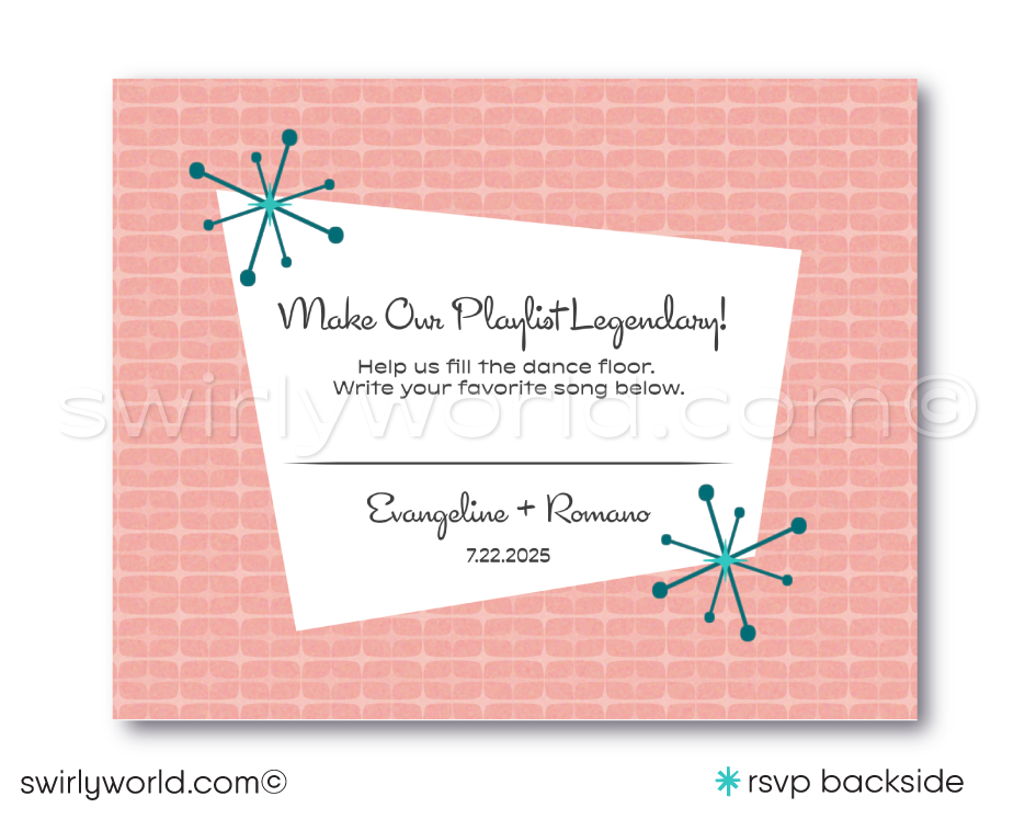 Atomic Powder Pink and Blue Mid-Century Modern Starbursts Digital Wedding Invitation Set