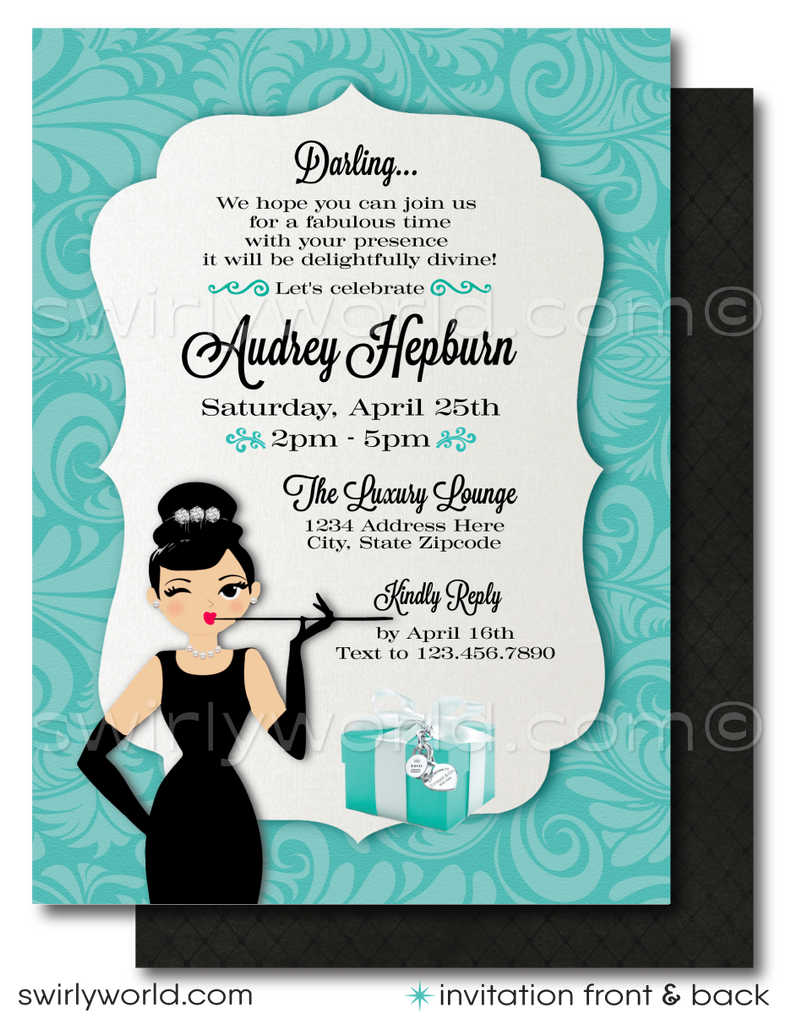 Host an elegant 'Breakfast at Tiffany's' themed baby shower with Swirly World's digital invitation set. Features Tiffany Blue, vintage damask patterns, and Audrey Hepburn’s iconic style. Customize easily with Corjl. Perfect for a glamorous celebration honoring a fabulous mom-to-be. Download and personalize today!