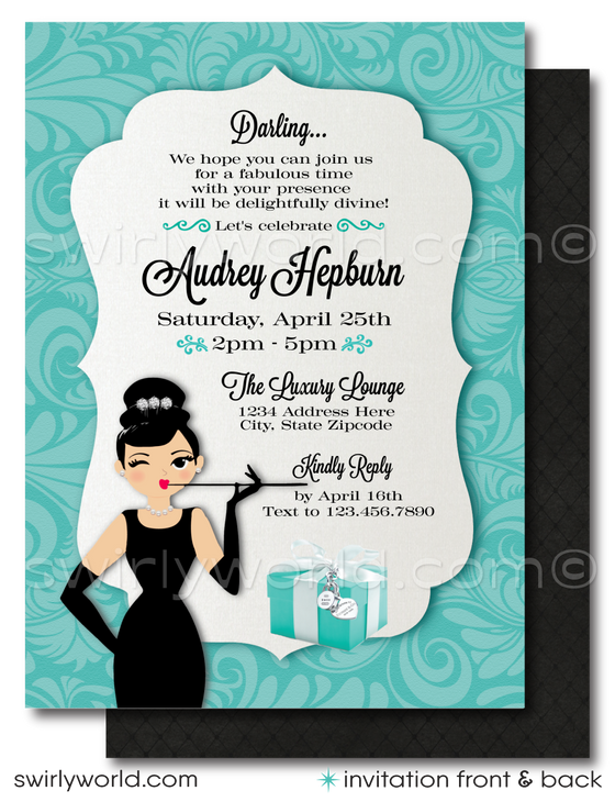 Host an elegant 'Breakfast at Tiffany's' themed baby shower with Swirly World's digital invitation set. Features Tiffany Blue, vintage damask patterns, and Audrey Hepburn’s iconic style. Customize easily with Corjl. Perfect for a glamorous celebration honoring a fabulous mom-to-be. Download and personalize today!