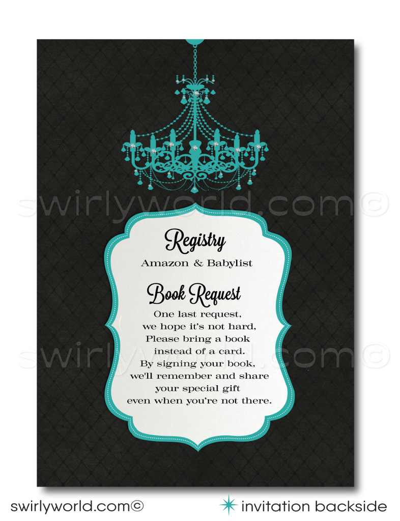 Host an elegant 'Breakfast at Tiffany's' themed baby shower with Swirly World's digital invitation and Book Request card set. Features Tiffany Blue, vintage damask patterns, and Audrey Hepburn’s iconic style. Customize easily with Corjl. Perfect for a glamorous celebration honoring a fabulous mom-to-be. Download and personalize today!