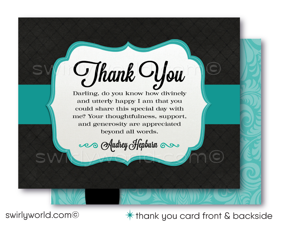 Host an elegant 'Breakfast at Tiffany's' themed baby shower with Swirly World's digital invitation set. Features Tiffany Blue, vintage damask patterns, and Audrey Hepburn’s iconic style. Customize easily with Corjl. Perfect for a glamorous celebration honoring a fabulous mom-to-be. Download and personalize today!