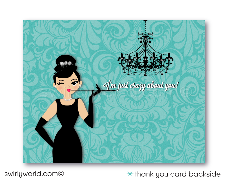 Host an elegant 'Breakfast at Tiffany's' themed baby shower with Swirly World's digital invitation set. Features Tiffany Blue, vintage damask patterns, and Audrey Hepburn’s iconic style. Customize easily with Corjl. Perfect for a glamorous celebration honoring a fabulous mom-to-be. Download and personalize today!