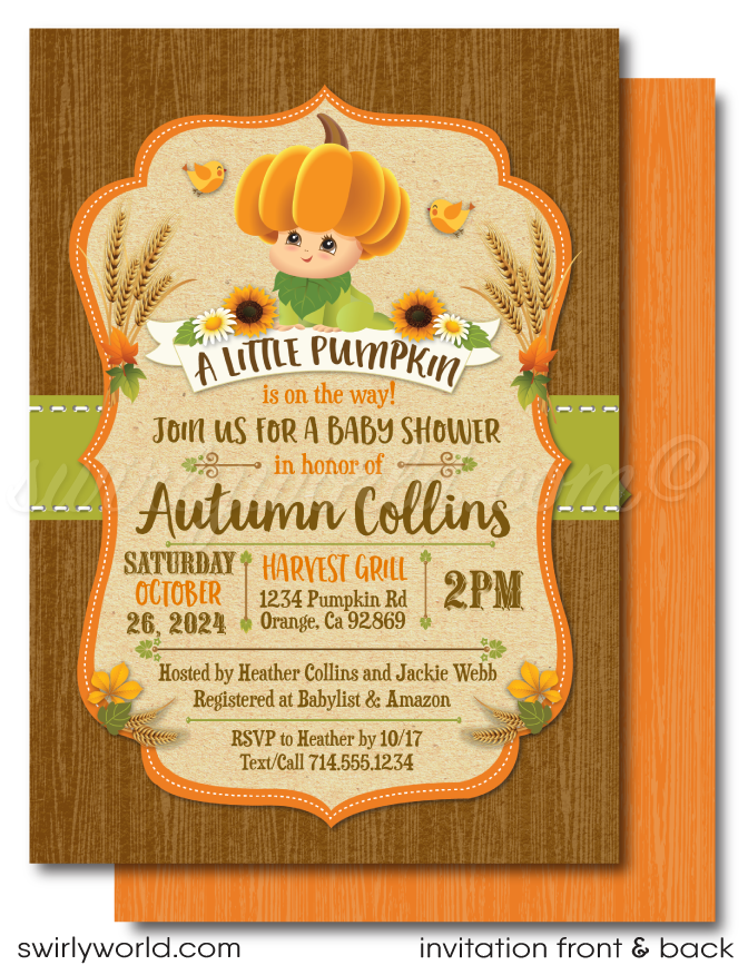 The "Little Pumpkin on the Way" Halloween baby shower design is gender-neutral, perfect for celebrating either a baby boy or girl. It features playful illustrations of a newborn baby with a pumpkin on the head, surrounded by sunflowers and wheat grass, and uses vintage-style rustic fonts to evoke a sense of nostalgia and rustic elegance.