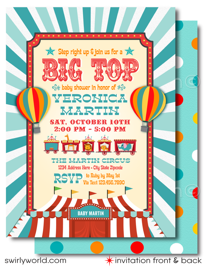 Gender Neutral Retro Vintage Circus Carnival Printed Baby Shower Invitations