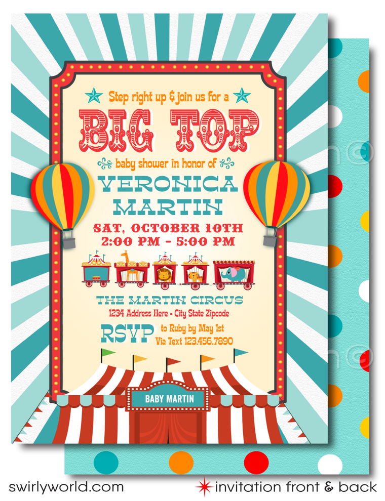 Gender Neutral Retro Vintage Circus Carnival Printed Baby Shower Invitations