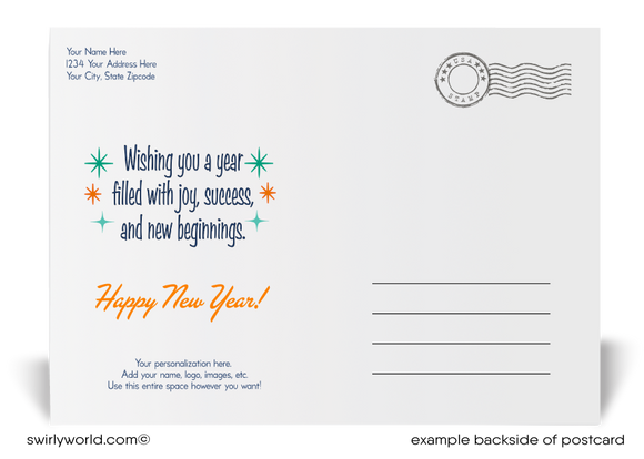 Send stylish New Year wishes! Our exclusive retro MCM postcards feature atomic starbursts, bold typography, and premium quality with free personalization included.