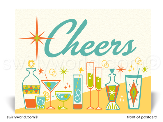 Ring in the New Year with Retro Charm! Our cocktail-themed MCM cards feature vintage liquor bottles, bold "Cheers" typography, and sparkling 1950s-1960s starbursts.