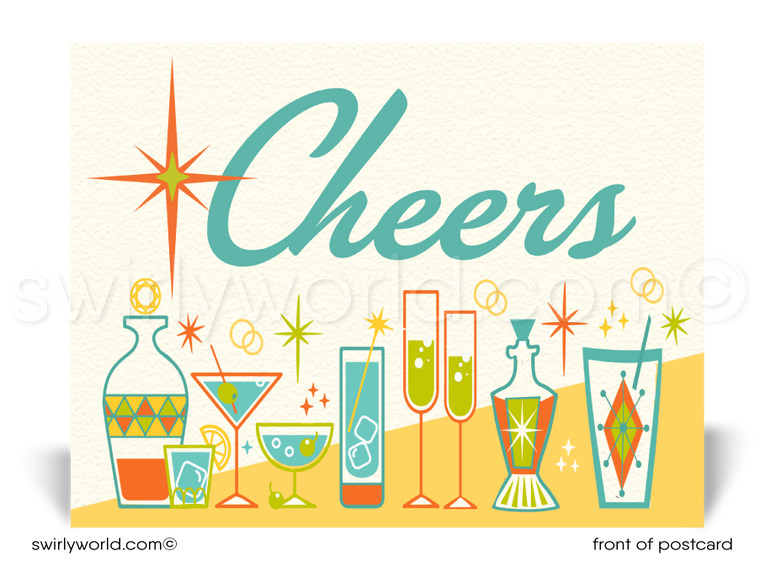 Ring in the New Year with Retro Charm! Our cocktail-themed MCM cards feature vintage liquor bottles, bold "Cheers" typography, and sparkling 1950s-1960s starbursts.