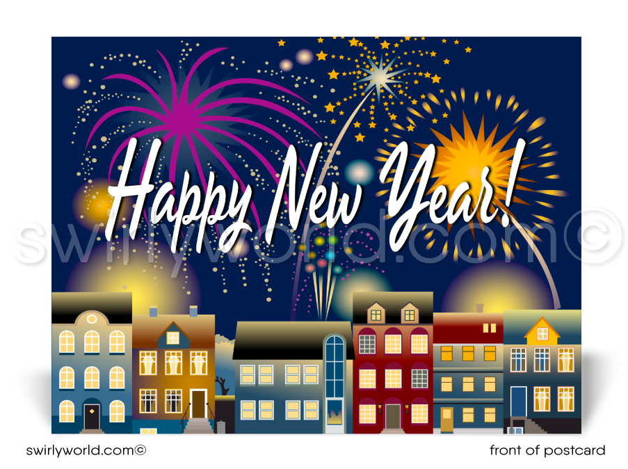 Stand out this New Year! Realtor-exclusive postcards feature charming row houses, fireworks, and retro calligraphy. Customizable and printed on premium card stock.