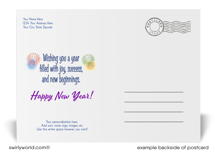 HousExclusive Realtor Happy New Year Postcards with Row Houses, Fireworks, Retro Calligraphy, and Customizable Design