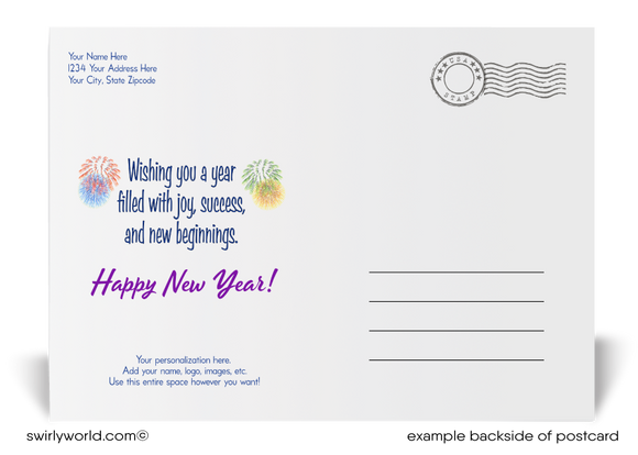 Stand out this New Year! Realtor-exclusive postcards feature charming row houses, fireworks, and retro calligraphy. Customizable and printed on premium card stock.