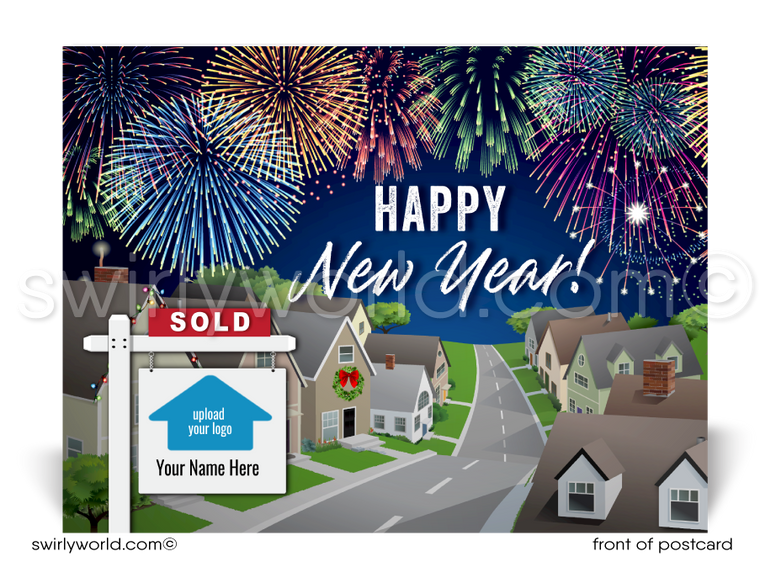 Celebrate New Year's with Realtor® postcards! Featuring homes, fireworks, and elegant typography, these cards are perfect for sending warm wishes to clients.