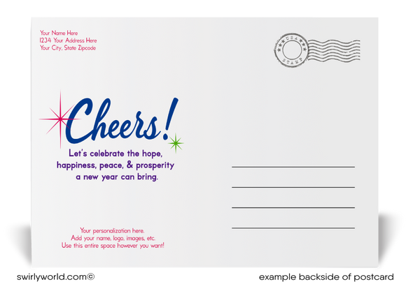 Celebrate in style! Our exclusive Happy New Year Postcards feature stylish calligraphy, vibrant confetti strings, and a deep blue backdrop on premium card stock.