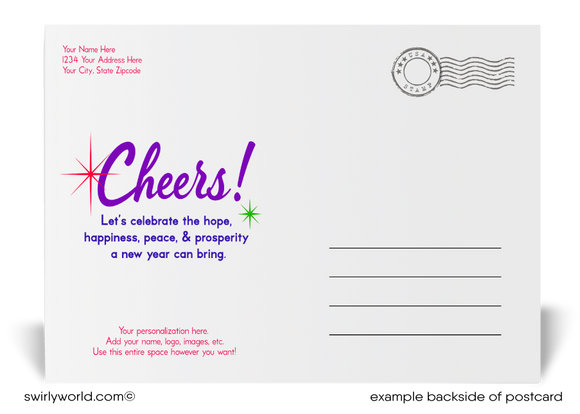 Celebrate with retro charm! Our Happy New Year Postcards feature a stylish banner, party horns, balloons, confetti, and calligraphy on a bold purple backdrop.