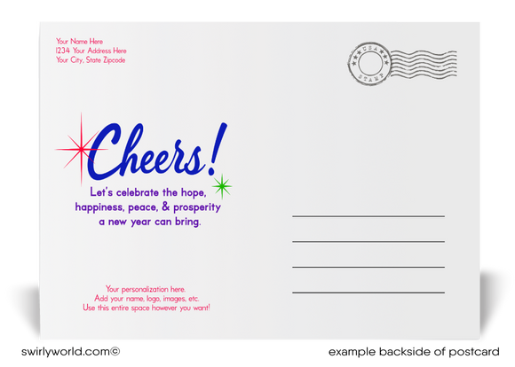 Celebrate with retro flair! Our exclusive Happy New Year Postcards feature colorful lights, retro calligraphy, starbursts, and a deep purple backdrop on premium card stock.