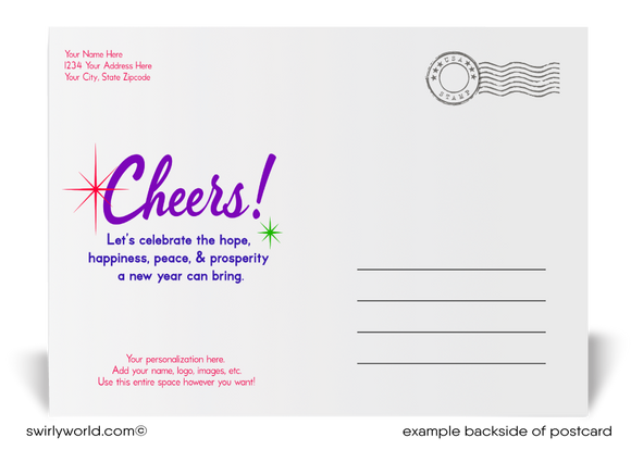 Send vibrant wishes! Our exclusive Happy New Year Postcards feature bold typography, colorful starbursts, and retro-modern charm on premium card stock.