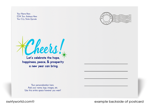 Celebrate the New Year in style! Our exclusive postcards feature bold "Happy New Year" typography, vibrant blue and green starbursts, and retro-modern charm.