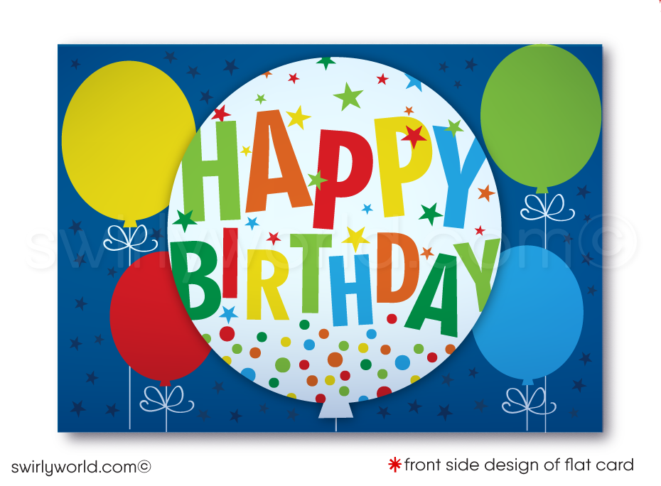 Celebrate your clients' special day with our unique Happy Birthday greeting card featuring colorful balloons and "Happy Birthday" in primary colors. Available as folded or flat cards, printed on thick card stock with matching envelopes. Upgrade to customized envelopes with your logo for a professional touch.