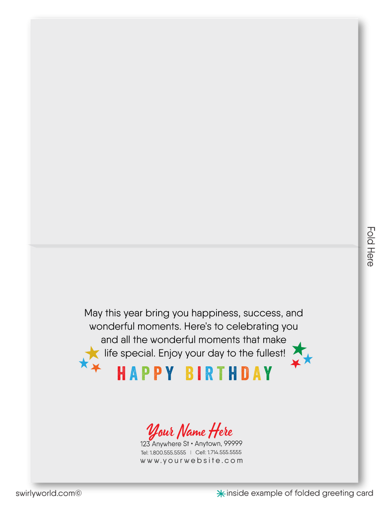 Celebrate your clients' special day with our unique Happy Birthday greeting card featuring colorful balloons and "Happy Birthday" in primary colors. Available as folded or flat cards, printed on thick card stock with matching envelopes. Upgrade to customized envelopes with your logo for a professional touch.