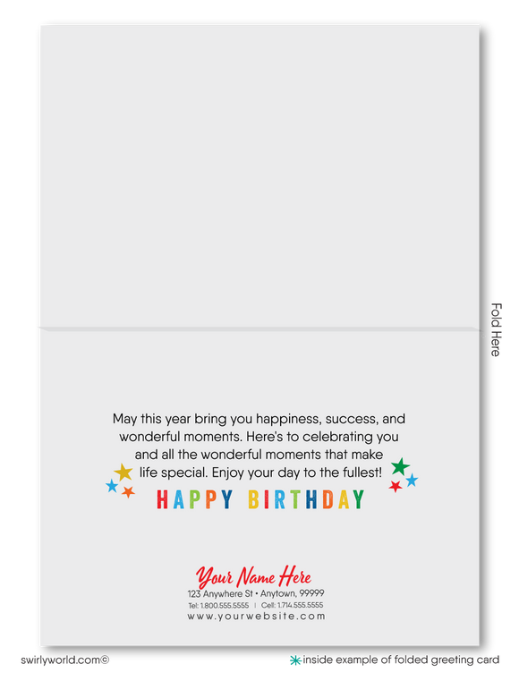 Celebrate your clients' special day with our unique Happy Birthday greeting card featuring colorful balloons and "Happy Birthday" in primary colors. Available as folded or flat cards, printed on thick card stock with matching envelopes. Upgrade to customized envelopes with your logo for a professional touch.