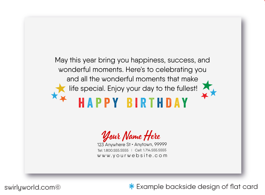 Celebrate your clients' special day with our unique Happy Birthday greeting card featuring colorful balloons and "Happy Birthday" in primary colors. Available as folded or flat cards, printed on thick card stock with matching envelopes. Upgrade to customized envelopes with your logo for a professional touch.