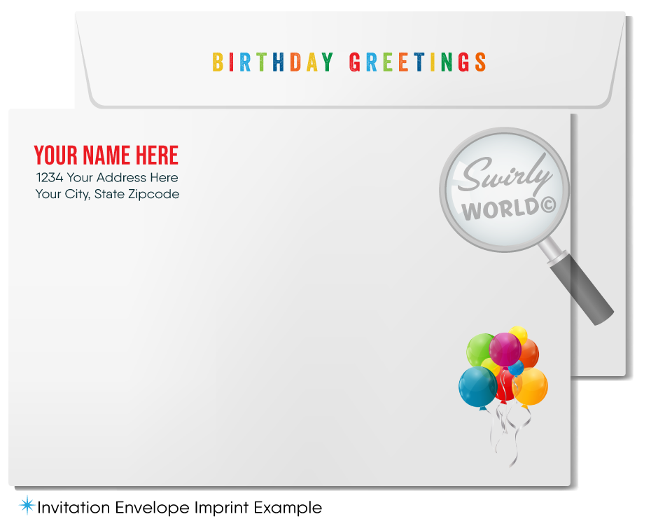 Celebrate your clients' special day with our unique Happy Birthday greeting card featuring colorful balloons and "Happy Birthday" in primary colors. Available as folded or flat cards, printed on thick card stock with matching envelopes. Upgrade to customized envelopes with your logo for a professional touch.