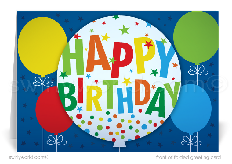 Celebrate your clients' special day with our unique Happy Birthday greeting card featuring colorful balloons and "Happy Birthday" in primary colors. Available as folded or flat cards, printed on thick card stock with matching envelopes. Upgrade to customized envelopes with your logo for a professional touch.