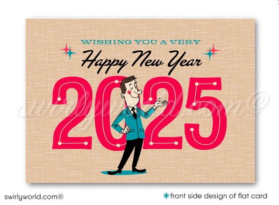 Retro Mid-Century Modern Happy New Year Card – 2025 Design with Dapper Gentleman & Bold Red Typography Digital File Download