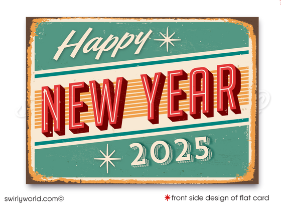 Celebrate 2025 in atomic style! Retro Mid-Century Modern Happy New Year Card with bold red typography, starbursts, and full customization via Corjl.